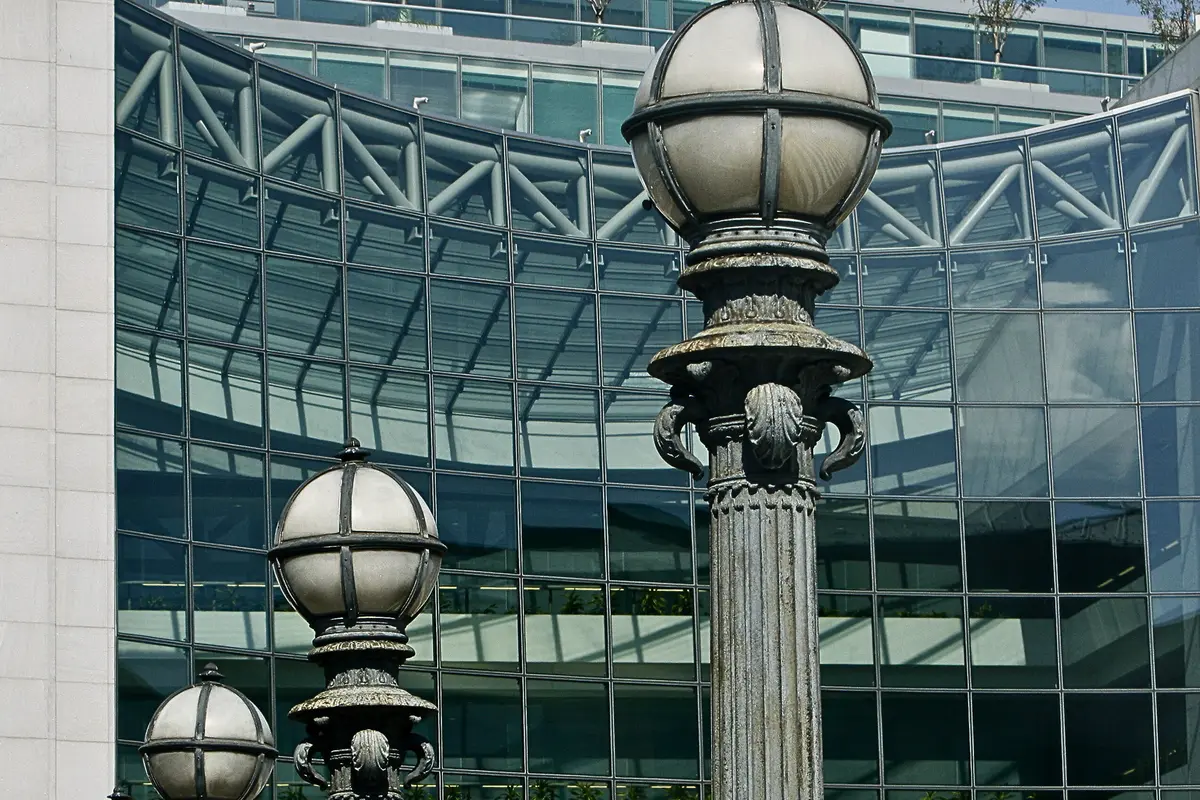 Glass facade and street lamps outside the U.S. Securities and Exchange Commission headquarters in Washington, D.C.