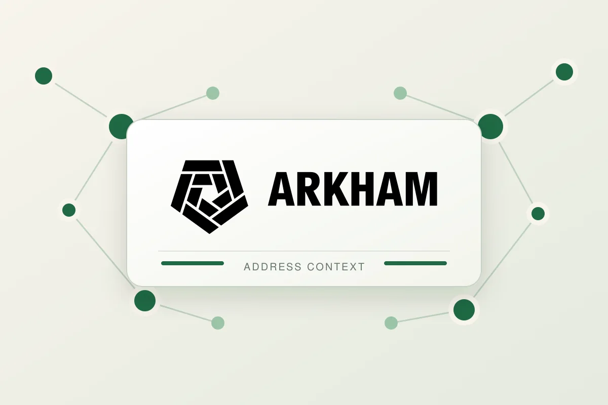 The authentic Arkham Intelligence wordmark centered in an editorial network diagram of connected address nodes.