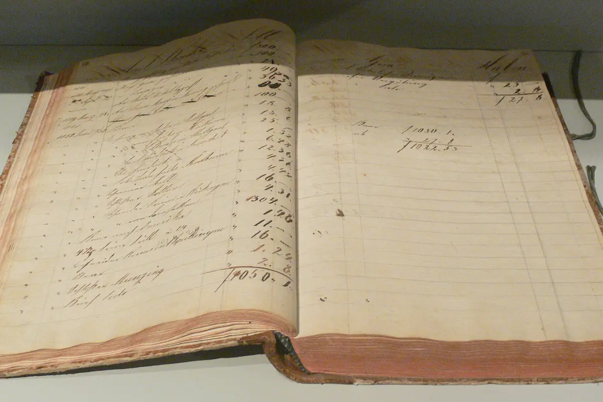 An open nineteenth-century accounting ledger filled with handwritten entries.